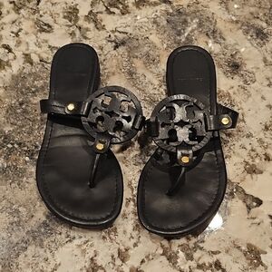 TORY BURCH-Black Leather Sandals with Cutout Design